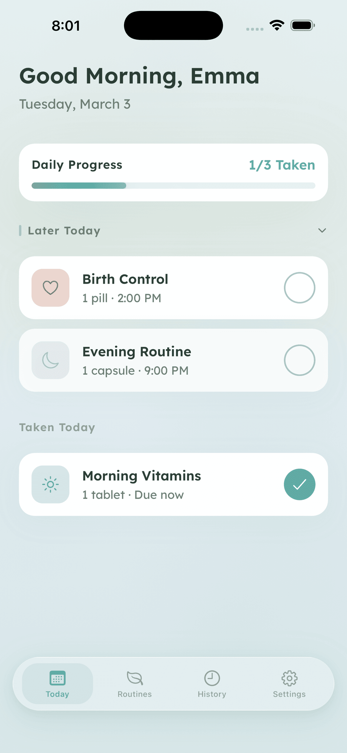Nura app — daily routine tracking with progress, reminders, and supplements